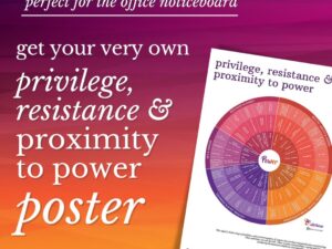 perfect for the office noticeboard. get your very own privilege, resistance and proximity to power poster — an image of the poster with a colourful wheel appears to the right, the intertwine logo appears on the bottom left