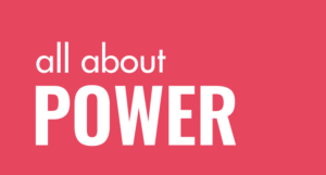 The text: All about power. In bold white font, on a bright coral red background.
