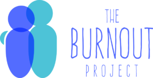 The text: the burnout project. This is in blue font, tall thin and all capitalised. To the left of text is an abstract illustration of two blue figures, one with their arm around the other.