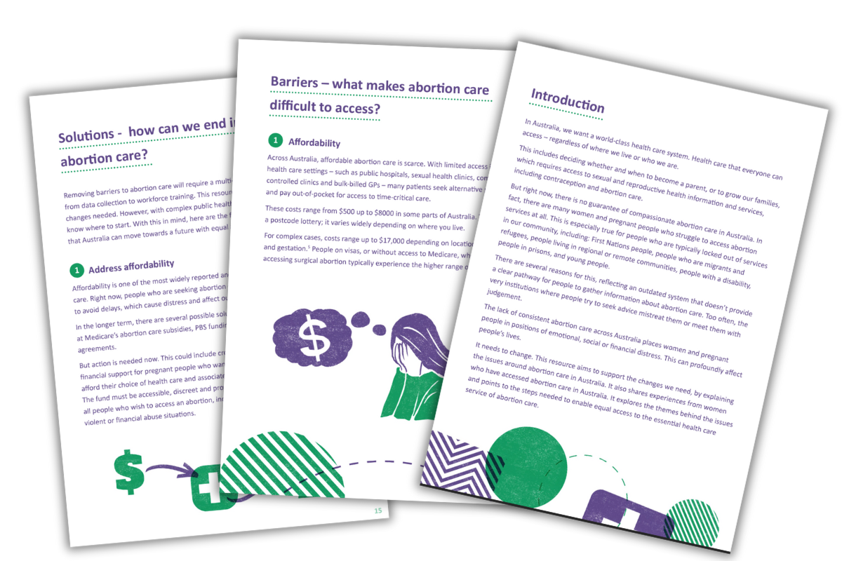 three pages from the Achieving Equal Access: Abortion Care in Australia resource