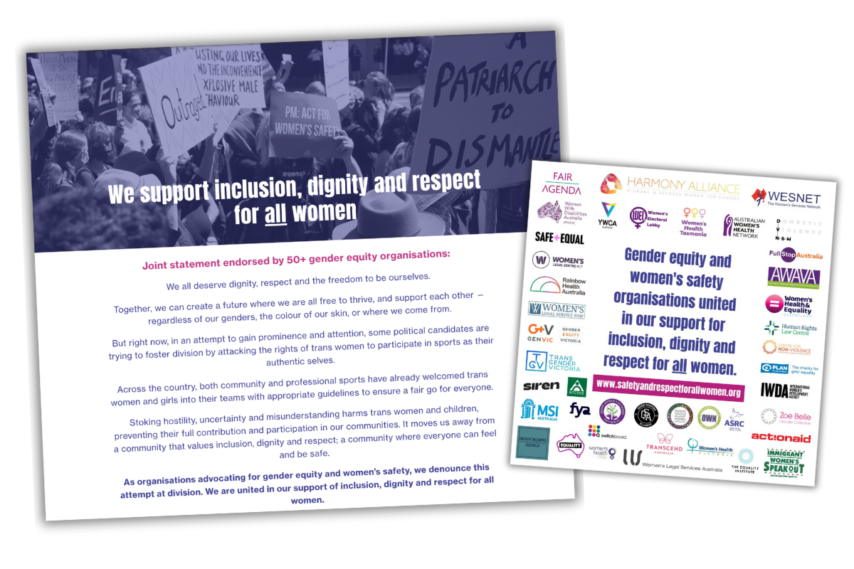 The Fair Agenda "Safety and Respect for All Women" web site and the social media post showing logos of organisations that endorsed the statement