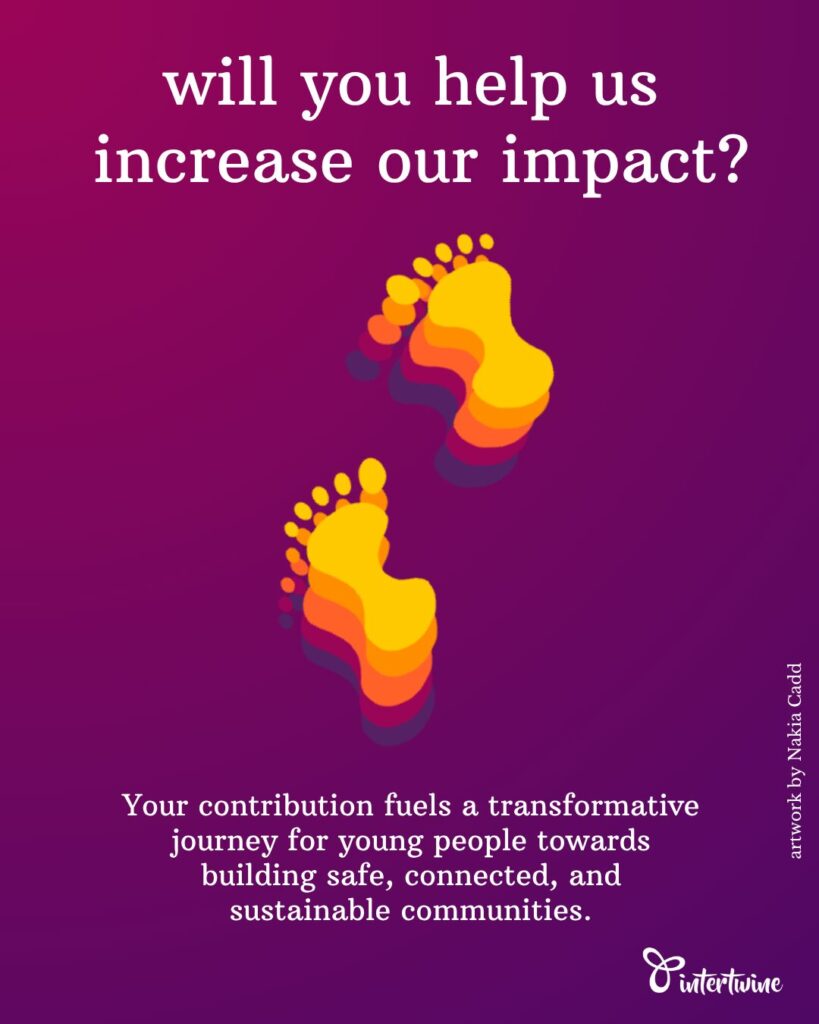 an image of footsteps on a purple gradient background. The words: will you help us increase our impact? Your contribution fuels a transformative journey for young people towards building safe, connected, and sustainable communities.