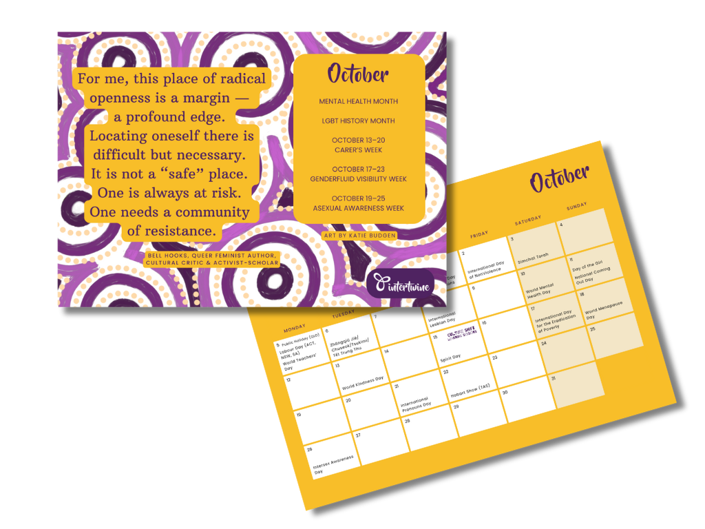A mock up of two pages from intertwine's 2026 calendar in intersex pride colours with a quote from bell hooks
